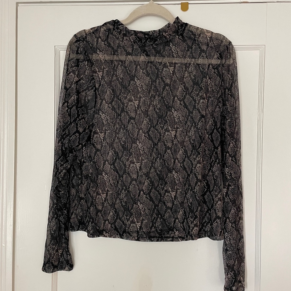 Long sleeve brown snake print see-through top